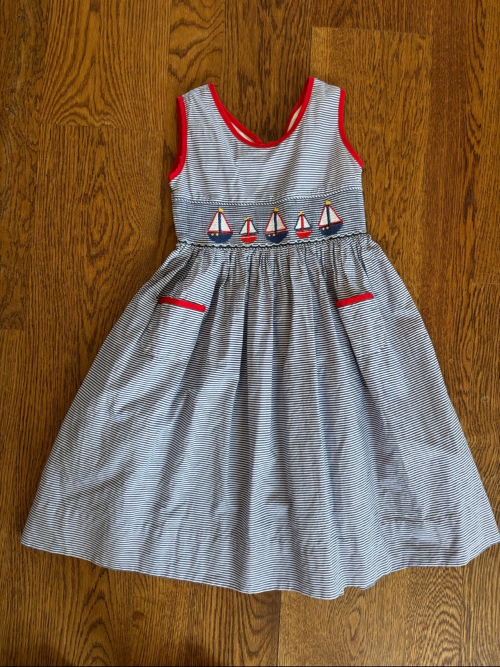 Navy & White Striped Girls' Dress with Red Trim and Sailboat Embroidery